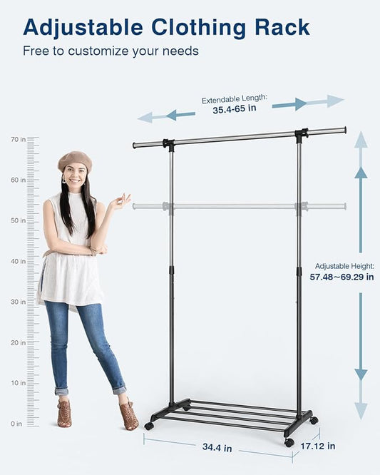 Whitmor Heavy Duty Adjustable Garment Rack-Rolling Clothes Organizer, Black and Chrome