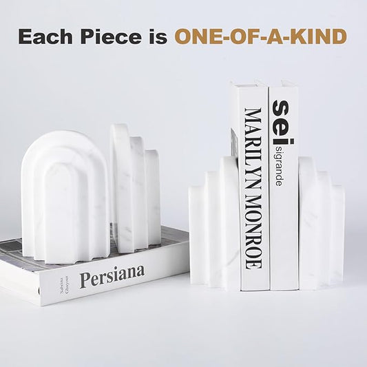 Natural Marble Book Ends - Heavy Duty Bookends for Shelves - Aesthetic Layered Arch Design Stone Book Holders, Decorative Modern Office Bookshelf Stopper Decor for Books/CDs, White