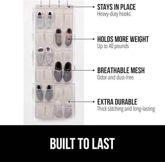 GORILLA GRIP Over the Door Shoe Organizer, 24 Large Breathable Mesh Pockets, Space Saving Hanging Storage Holder, Closet Rack Hanger Holds Up to 40 lbs, Hangs on Closets for Shoes, Accessories, Linen