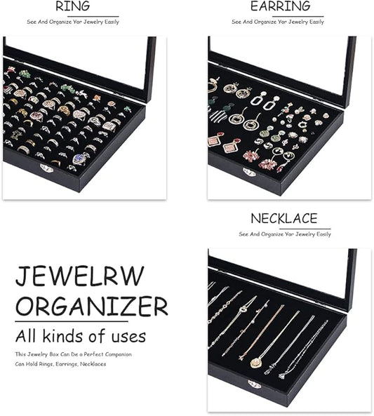 Ring Holder Organizer Box, Jewelry Display Case, Earring Necklace Storage Tray With Top Glass Lid (Black, 100 Slots)