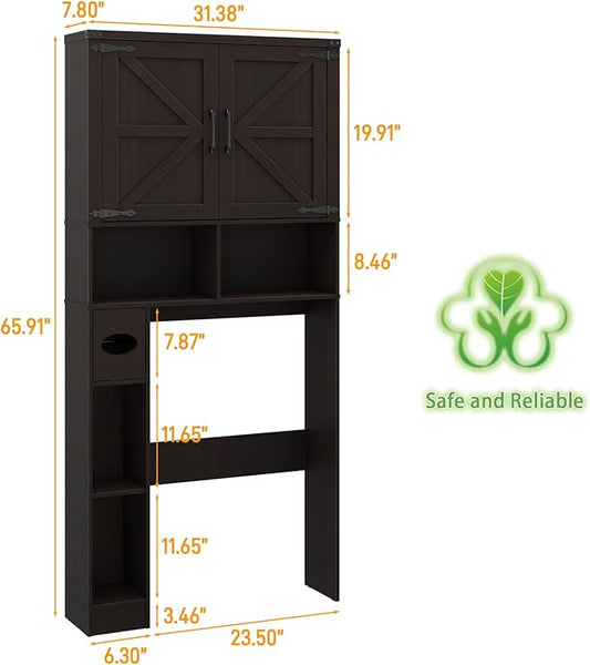 Vabches Over The Toilet Storage Cabinet, Farmhouse Storage Cabinet Over Toilet with 2 Barn Doors & Toilet Paper Holder Stand,Home Space-Saving Toilet Rack, for Laundry, Restroom, Bathroom.Walnut