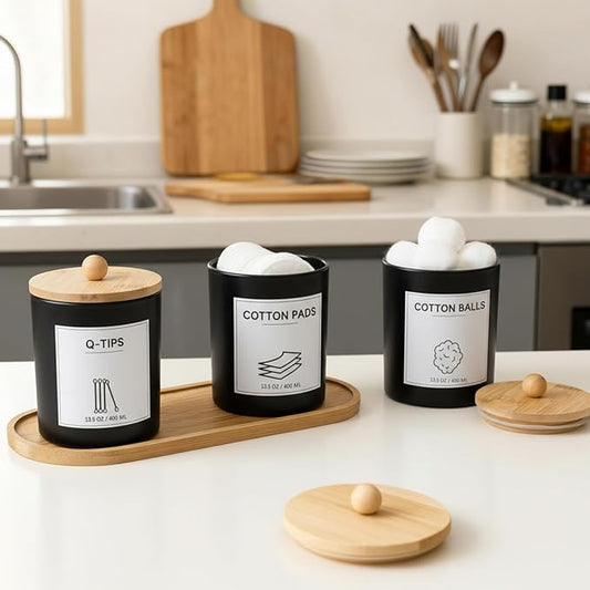 GYOSUGANG 3 PCS Qtip Holder for Bathroom, Cotton Ball Holder with Tray, Bathroom Organizers and Storage, Bathroom Jars for Floss Picks, Cotton Swabs, Balls, Pad(Black)