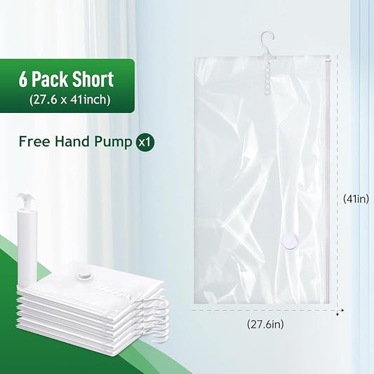 Hanging Vacuum Storage Bags For Clothes With Hand Pump,Coat Storage Bag Hanging,Vacuum Bags For Clothes,Space Saver Vacuum Storage Bags,Garment, Clothing, Dress, Suit, Long Coat, Jacket(Short 6 Pack)
