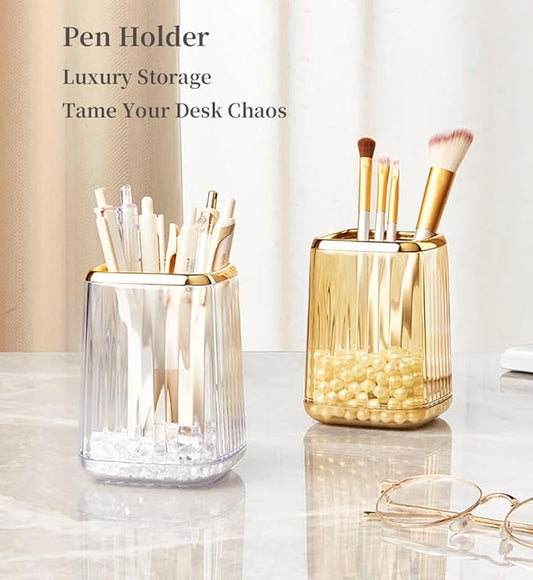 Acrylic Pen Holder, Cute Clear Desk Organizer for Pencils, Makeup Brushes Toothbrushes Storage Cup with Striped Design for Vanity Bathroom