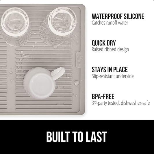 GORILLA GRIP 100% BPA-Free Patented Silicone Dish Drying Mat for Kitchen Counter, Water Catching Ribbed Design, Easy Clean Waterproof Sink Liner, Heat Resistant, Fits Under Rack, 12x16 Inch, Almond