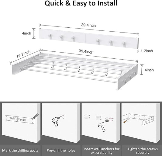 Drying Rack Clothing,Clothes Drying Rack Wall Mounted,Laundry Drying Rack Wall Mount,Foldable,Collapsible,60 lb Capacity 5 Aluminium Poles with 12 Hooks,Space Saving Clothes Drying Rack,White 40"