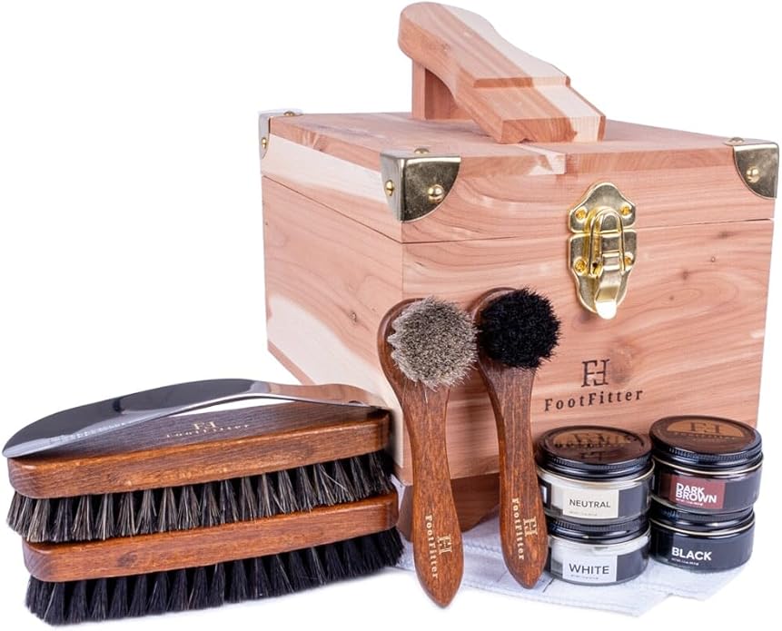 FootFitter Shoe Shine Set with Grand Cedar Storage Box, Polish Creams, Valet Box & Premium Shoe Care Tools for Leather Shoes