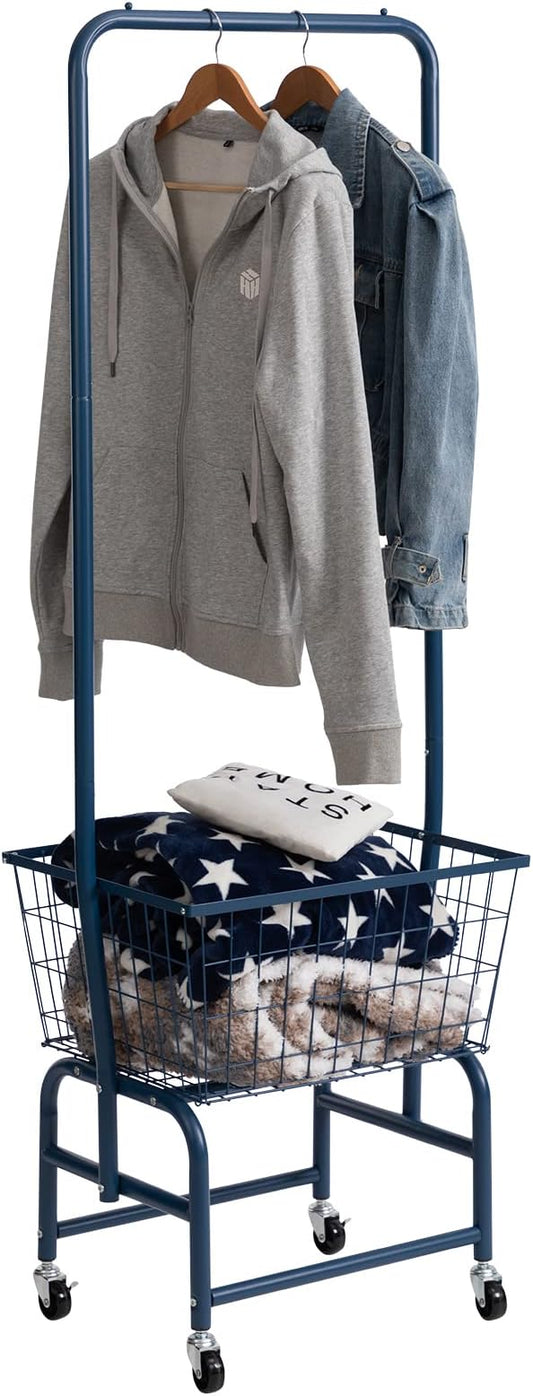 ALIMORDEN Laundry Cart with Clothes Rack, Rolling Laundry Butler with Wire Storage Rack,Navy Blue