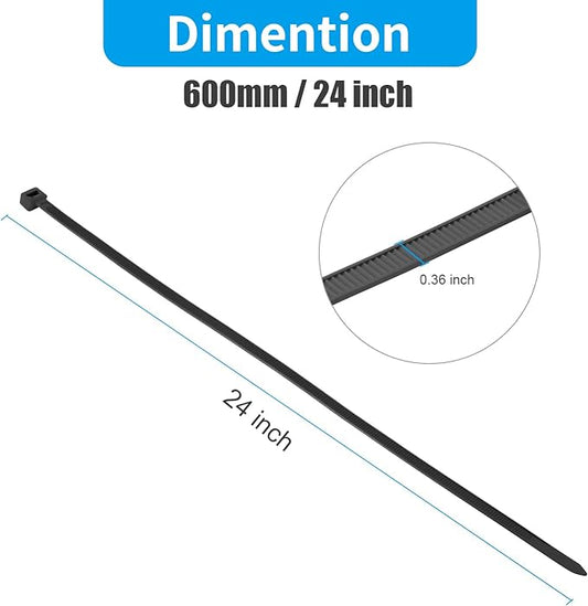 XINGO 24 inch Black Long Zip Ties Heavy Duty 100 PCS, 200LBS Ultra Strong Plastic Wire Ties, Large Cable Ties Extra Long Tie Wraps, Indoor and Outdoor UV Resistant