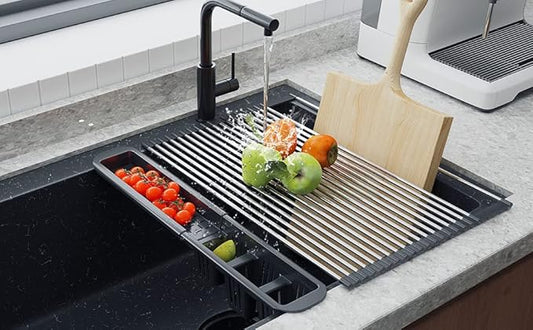 Extra Large Black Expandable Roll Up Dish Drying Rack,Over The Sink Kitchen Rolling up Dish Drainer, for Kitchen Sink Counter,Foldable Sink Cover with Removable Utensil Holder(Expandable Width Size)