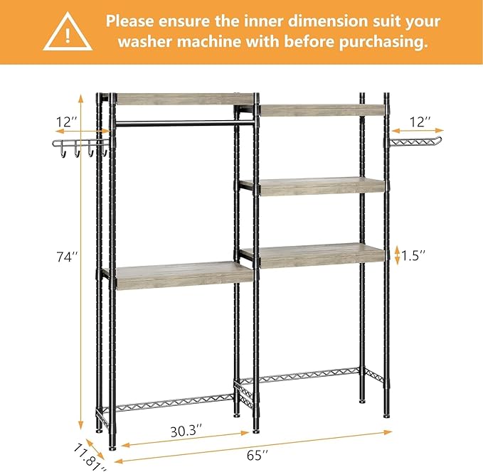 30 in 5-Tier Over-The-Washer Shelf – Adjustable Height Laundry Organizer with Double-Layer Wood Shelves (100 LB Capacity), Space-Saving Storage for Bathroom, Laundry Room, Balcony (Grey, Black)