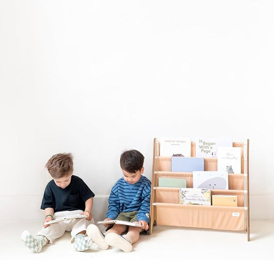 3 Sprouts Recycled Fabric Kids Bookshelf – 4-Tier Sling Book Rack Organizer - Nursery Room Playroom Classroom Wooden Book Shelves - Kid Bookcase Wood Storage Shelf for Toddler Age 3+ - Clay