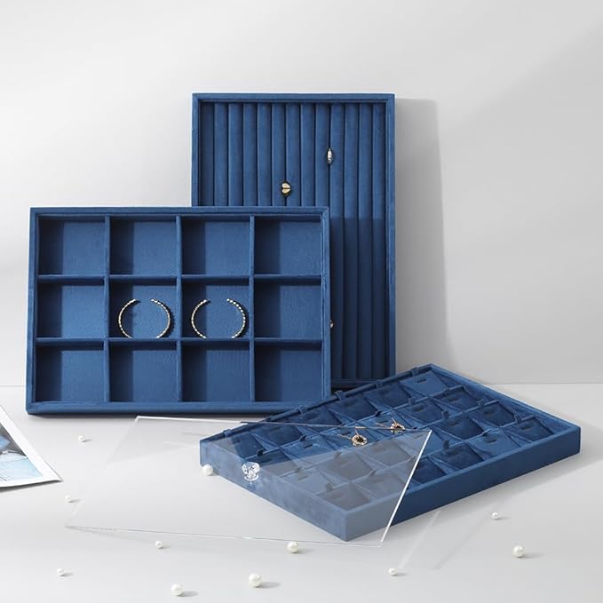 Velvet Ring Display Tray, Stackable Muilt Slot Rings Ear Stud Storage Tray, Drawer Insert Jewelry Accessories Organizers Plate (Blue)