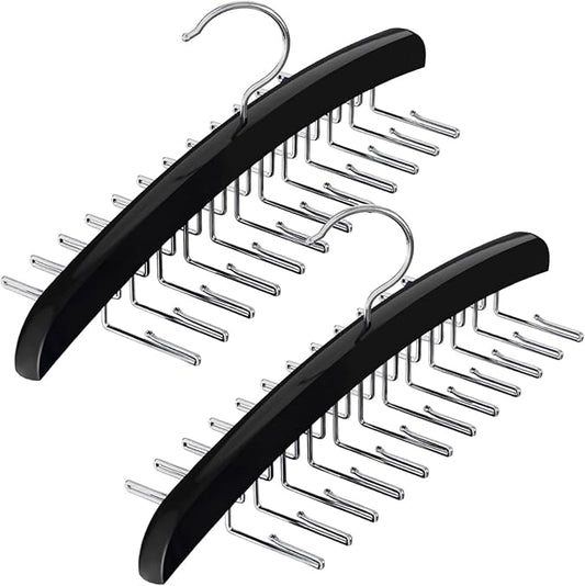 2 Pcs Solid Wood Tie and Belt Rack Hanger, 24 Hook Closet Organizer for Scarves and Accessories, 360 Degree Swivel, Space Saving Black Finish