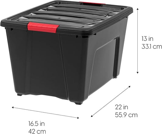 IRIS USA 51 L (54 QT) Plastic Storage Box with Lid and Latches - 4 Pack - BPA-Free, Garage Organizing Solution, Durable Nestable Stackable Containers, Secure Pull Handle - Black