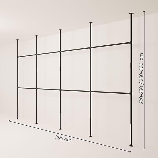 pamo Black Industrial Pipe Clothing Rack - LOFT IV - Steplessly Adjustable Closet Organizer System for Ceiling Heights between 86" - 98"- Suitable as Closet Clothes Rack or Room Divider