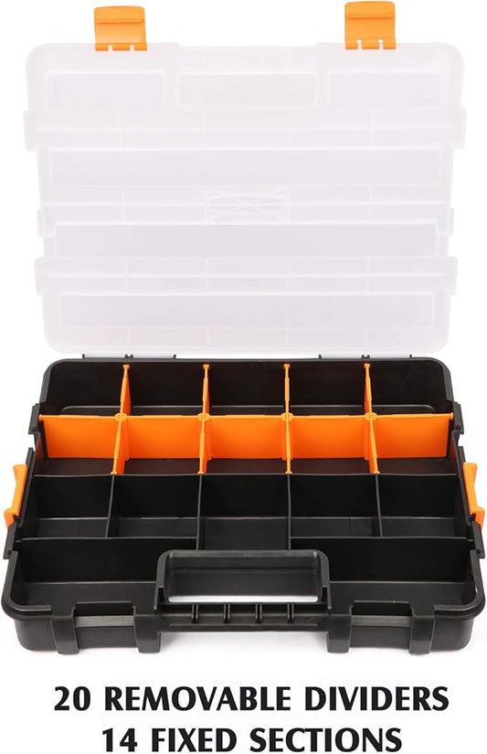MIXPOWER 15-inch 2pcs Toolbox Organizer Sets, 20 Removable Dividers, Durable Plastic Box, Excellent for Screws, Nuts, Small Parts, 34-Compartment Black/Orange 2 Pieces Set