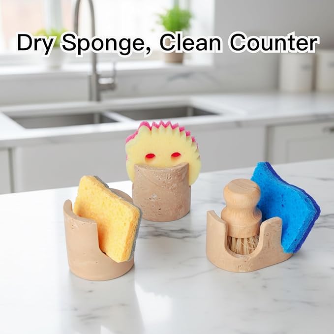 BekPooQ Luxury Travertine Sponge Holder – Fast-Drying, Rust-Proof Kitchen Sink Caddy, Non-Slip Base, Compact Stone Sponge Caddy for Kitchen Sink Counter, for Modern & Farmhouse Homes, Beige