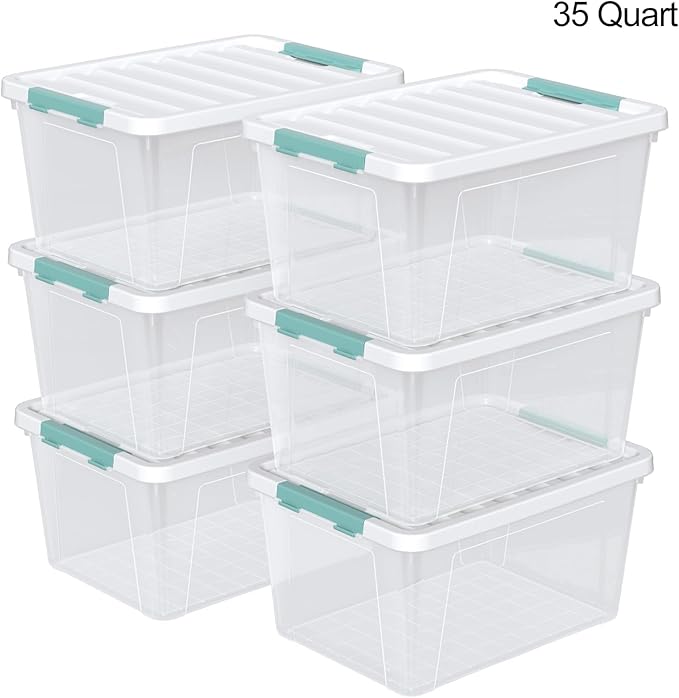 Melontray 35 Quart Latch Storage Box, 6-Pack Clear Plastic Storage Bins with Latching Lids
