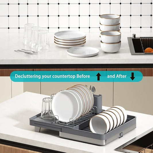 YOJIA Stainless Steel Dish Drying Rack, Extendable Dish Drainer Rack, Drainboard, Detachable Cup Shelf, Rustproof Multifunctional Organizer for Kitchen Counter, Cup Holders, Utensil Holder (Grey-Dish)