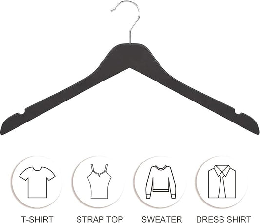 TOPIA HANGER Black Wooden Hangers, 0.28-inch Slim Wood Clothes Hanger with Flat Design and Smooth Notches, Lightweight Space Saving Hangers for Shirt, Coat, Camisole, 10 Pack-Matte Black, CT29B