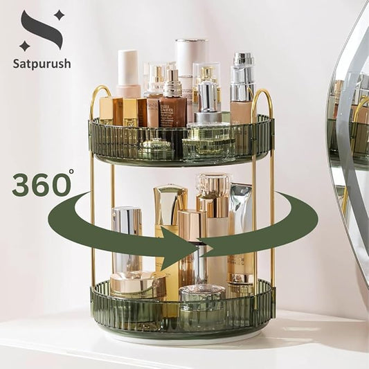 Satpurush 360° Rotating Makeup Organizer, 2 Tier Spinning Cosmetic Organizer for Vanity & Bathroom Countertop, Holds Tall Skincare Bottles, Perfume & Beauty Accessories – Clear Green