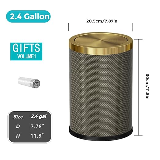 2.4 Gallon Bathroom Trash Can with Lid, Pu Leather Modern Garbage Can, Round Decorative Waste Basket, for Near Desk, Powder, Bedroom, Hotel, Office, Home (9L-Checked Grey)