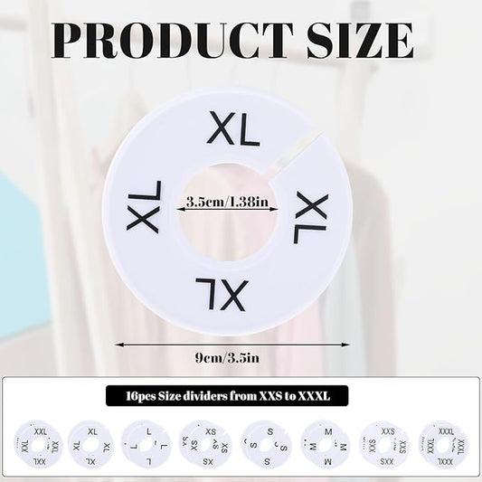 16 Pcs Clothing Size Dividers,Size Rings for Clothing Racks Round White Plastic Clothings Sizes Closet Rack Dividers Hangers Pre-Labeled (XXS-XXXL) Round Sizer for Rods and Organizers