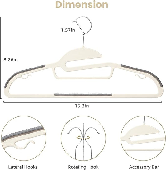 BAGAIL Plastic Hangers 50 Pack with Non-Slip Design,0.2 Inches Thick, 360°Swivel Hook Space Saving Organizer for Bedroom Closet,Shirts,Pants(Beige- S Shaped)