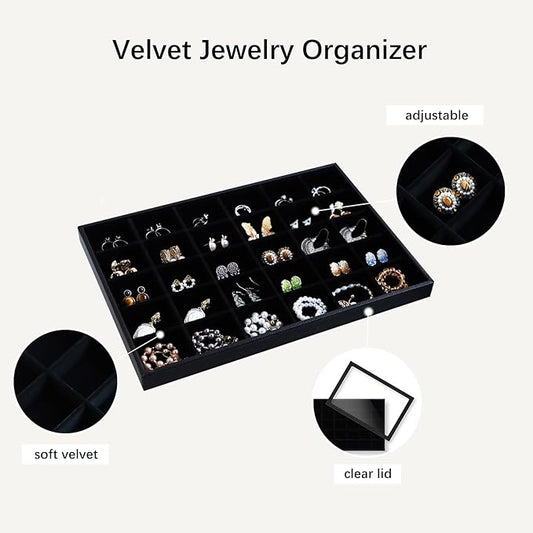 Wudygirl Jewelry Organizer 30 Grid Jewelry Tray with Lid Earring Holder Organizer for Women Ring Earring Bracelet Holder Storage (Pu Black)