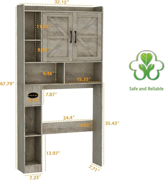 Vabches Over The Toilet Storage Cabinet, Farmhouse Storage Cabinet Over Toilet with 2 Barn Door & Toilet Paper Holder Stand,Home Space-Saving Toilet Rack, for Bathroom, Restroom, Laundry