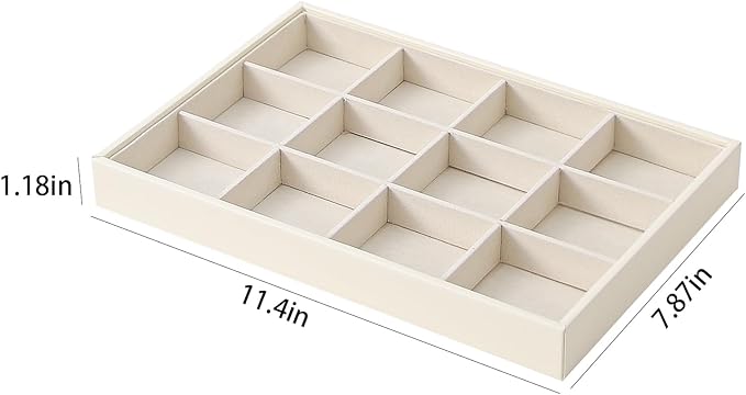 Stackable Jewelry Organizer Tray For Drawers,White Leather Small Earring Storage Tray,Bracelet And Necklace Display Box,Jewelry Ring Display Case (Creamy White 12 Grids)