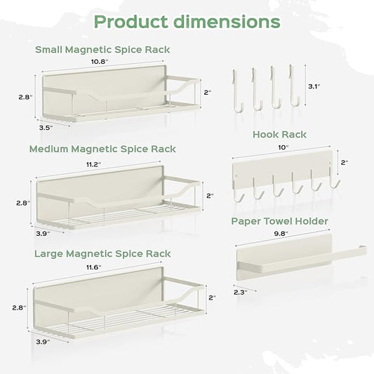 5 Pack Multifunctional Magnetic Shelves for Refrigerator Spice Rack & Washing Machine Organize, Include Paper Towel Holder, Kitchen Utensil Hanger and Hooks, Strong Magnet for Secure Hold (Cream)