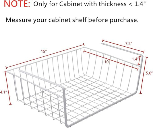 Tebery 2 Pack White Under Shelf Wire Basket Hanging Storage Baskets, Under Cabinet Add-on Storage Racks Slide-in Baskets Organizer for Kitchen Pantry Desk Bookshelf