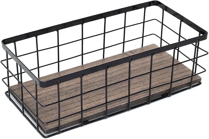 ROSE BLOOM Small Metal Wire Storage Basket, Decorative Wood Base Organizer Bins for Bathroom, Kitchen, Laundry Room, Pantry, Basket for Toilet Paper, Fruits, Spices(1 Pack