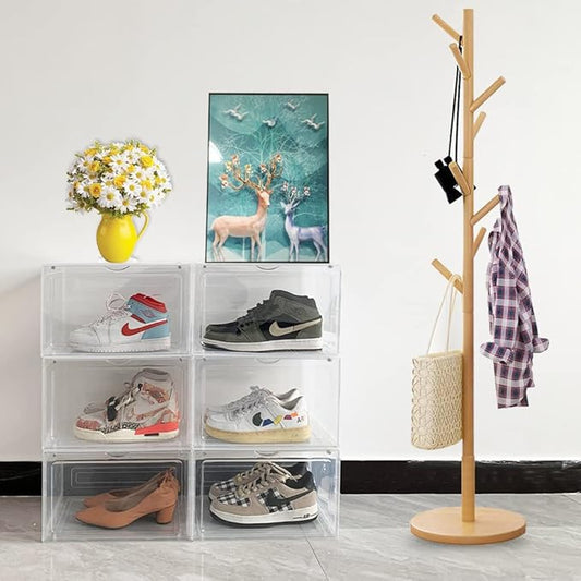 OMOPIN 8 PACK XL Shoe Storage Box,Drop Side Sneaker Display Case,Shoe Boxes Clear Plastic Stackable 13.4”x 10.6”x 8.3” Fit up to US 13 (Clear 8Pack)