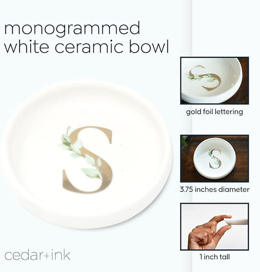 Trinket Tray Ring Dish with Personalized S in Gold Foil and Greenery - White Ring Dish - Monogrammed Trinket Dish or Jewelry Bowl - Cedar & Ink (S)