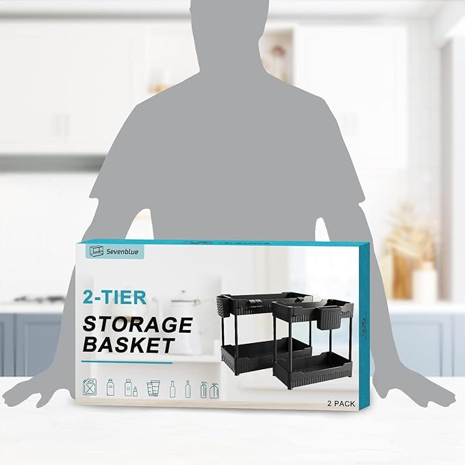 2 Pack Under Sink Organizer, Under Bathroom Cabinet Organizer with Hooks Hanging Cup, Multi-Purpose Storage Shelf for Kitchen Bathroom, Black