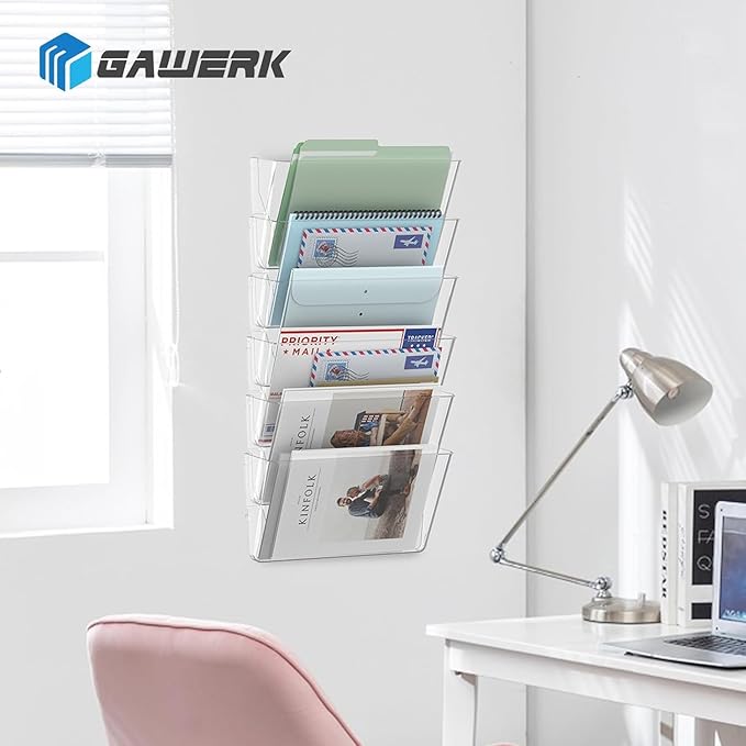 Clear Acrylic Single Pocket, Plastic Hanging Wall Mount File Holder for Office Home (Clear, 6 Pack)