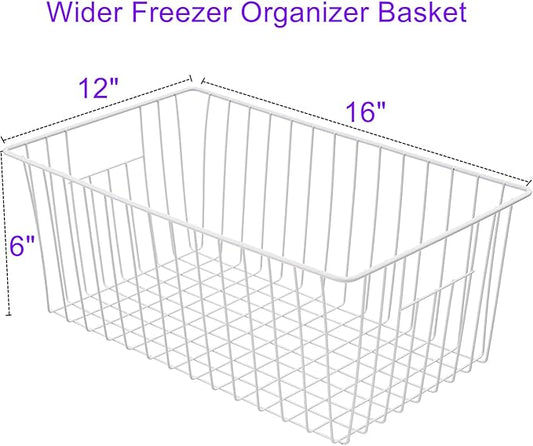 16Lx12Wx6H inch Wider Freezer Organizer Baskets Container, Refrigerator Metal Wire Storage Bins with Handles for Kitchen, Pantry, Cabinet, Closets - Pearl White(4 Packs