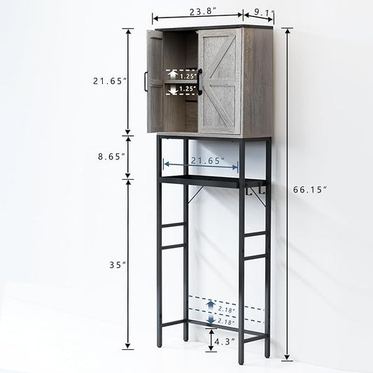 Timboniture Over The Toilet Storage Cabinet, Bathroom Above Toilet Cabinet Organizer with Doors and Adjustable Shelves, Bathroom Shelf Organizer with Anti-Tip Device & Drain Rack, Grey