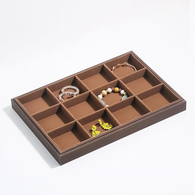 2Pcs/Set Wood Jewelry Organizer Tray, Stackable 12 Grid Jewelry Display Tray for Drawer, Rings Earring Storage Case, Necklace Accessories Display Holder for Store Selling or Home Show