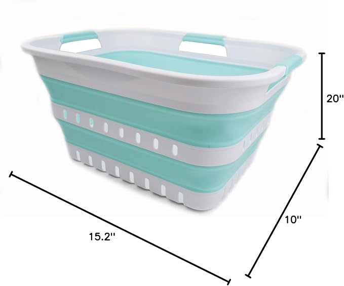 SAMMART 30L (8 Gallon) Collapsible 3 Handled Plastic Laundry Basket - Foldable Pop Up Storage Container/Organizer - Space Saving Hamper/Basket (White/Lake Green)