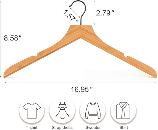 TOPIA HANGER Bamboo Wooden Hangers, Clothes Hangers with Rotatable Black Hook and Smooth Cut Nothces, Set of 20 Durable and Slim Wood Hangers for Coats, Suits, Jackets, Sweaters, Dresses - CTS08