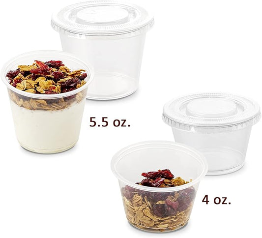 DuraHome Plastic Portion Cups with Lids 4 oz. & 5.5oz. Combo Pack of 150 Leakproof Jello Cup Mini Containers for Salad Dressing Sauce Condiment Snack Souffle and Salsa, Disposable, Interchangeable