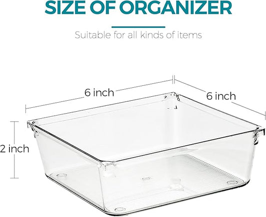 Ravinte Decor 4 Pack Drawer Organizer - 6" X 6" Clear Acrylic Storage Bins with Non-Slip Pads, Versatile Desk Tray for Makeup, Jewelry, Kitchen, Bathroom, and Office Organization