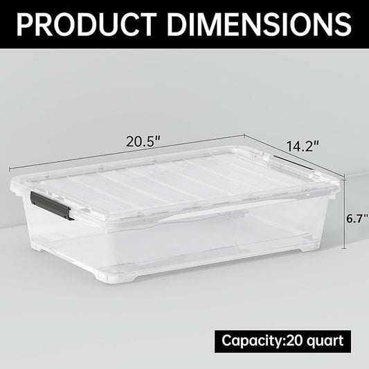 Tyminin 4 Pack 20-Quart Under Bed Storage Box with Wheels, Rolling Underbed Storage Containers Organizer with Latch Lids, Clear