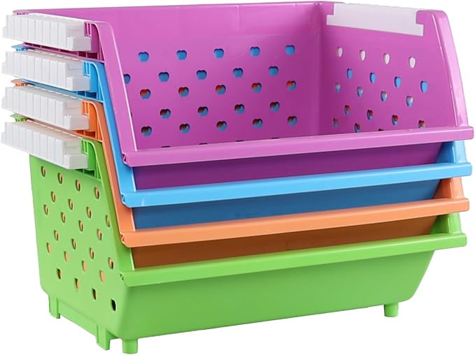 Ramddy 4 Tiers Kitchen Stackable Storage Basket, Plastic Multi-functional Stacking Basket Bin, Colored Pantry Storage Bin
