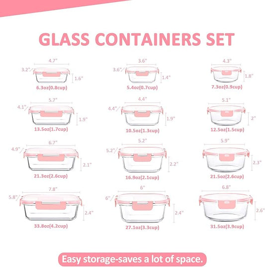 KOMUEE 24 Pieces Glass Food Storage Containers Set, Meal Prep Containers-Stackable Airtight Glass Storage Containers with lids,Freezer, Microwave, Oven Safe,Pink