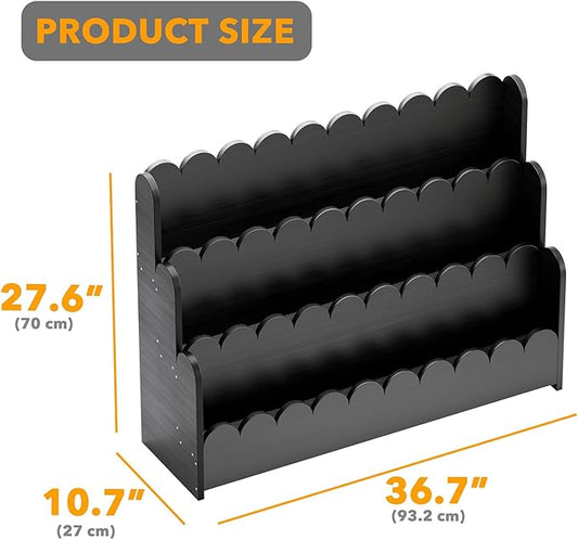 SpaceAid 3-Tier Scalloped Bookshelf, Montessori Bookcase for Toddlers, Wooden Book Shelf Organizer Display Furniture for Kids Rooms, Playroom, Nursery and Classroom, 36.7“ Wide, Black